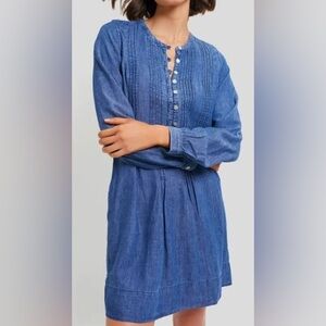 Faherty Tried & True Classic Isha Dark Denim Linen Long Sleeve Dress XL
